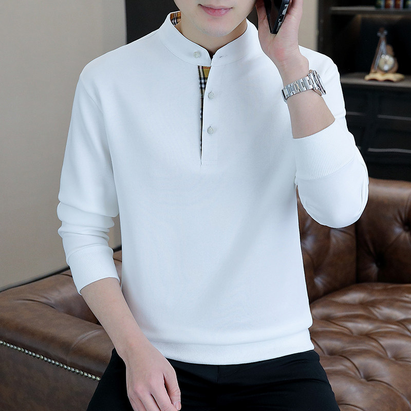 高端立领POLO衫男长袖T恤秋冬季潮牌百搭打底衫男士休闲白色卫衣