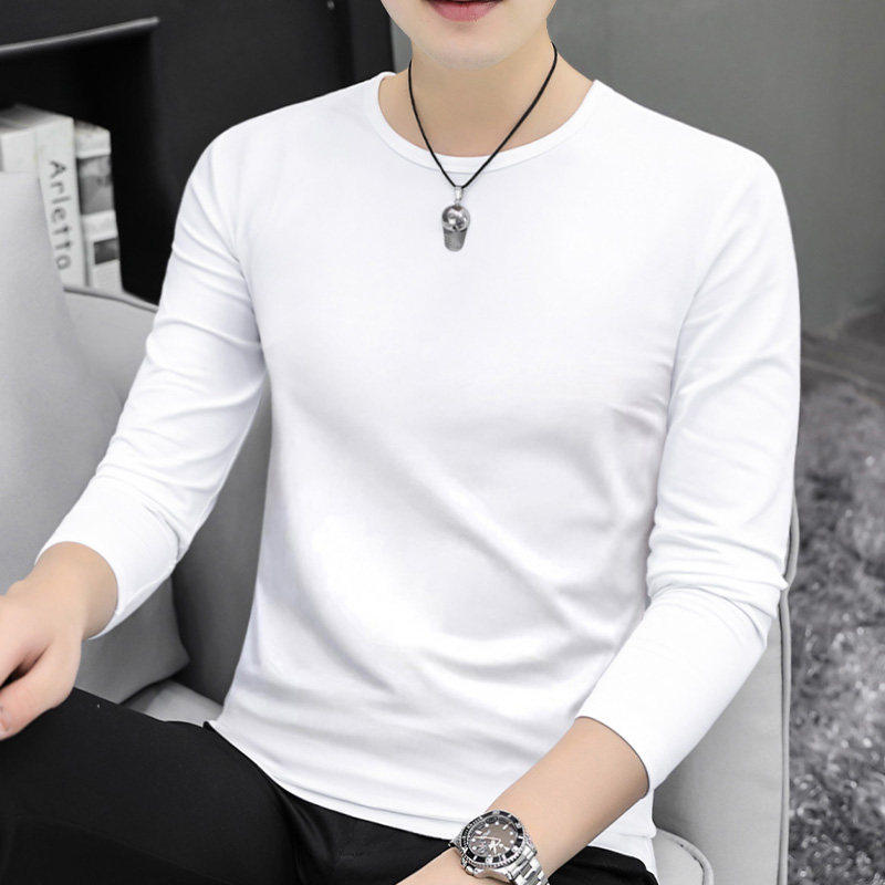 2026新款品牌白色长袖T恤男纯棉圆领修身内搭简约薄款男士打底衫