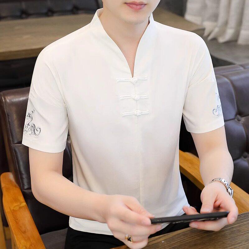 高端冰丝凉感短袖t恤男士2026年夏季新款中国风V领时尚薄款上衣潮