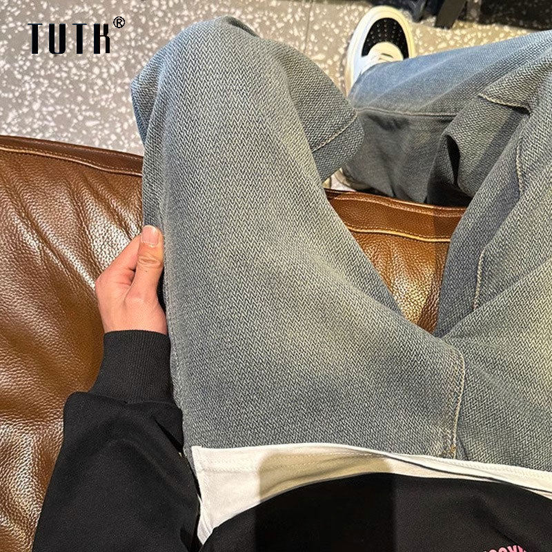 牛仔裤男款春秋季美式复古人字纹水洗休闲裤潮牌宽松垂感阔腿裤子