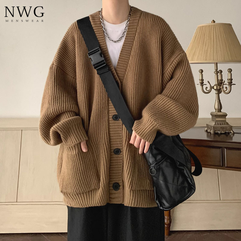 毛衣开衫男潮牌秋冬季加厚慵懒风复古宽松粗线针织衫男士休闲外套