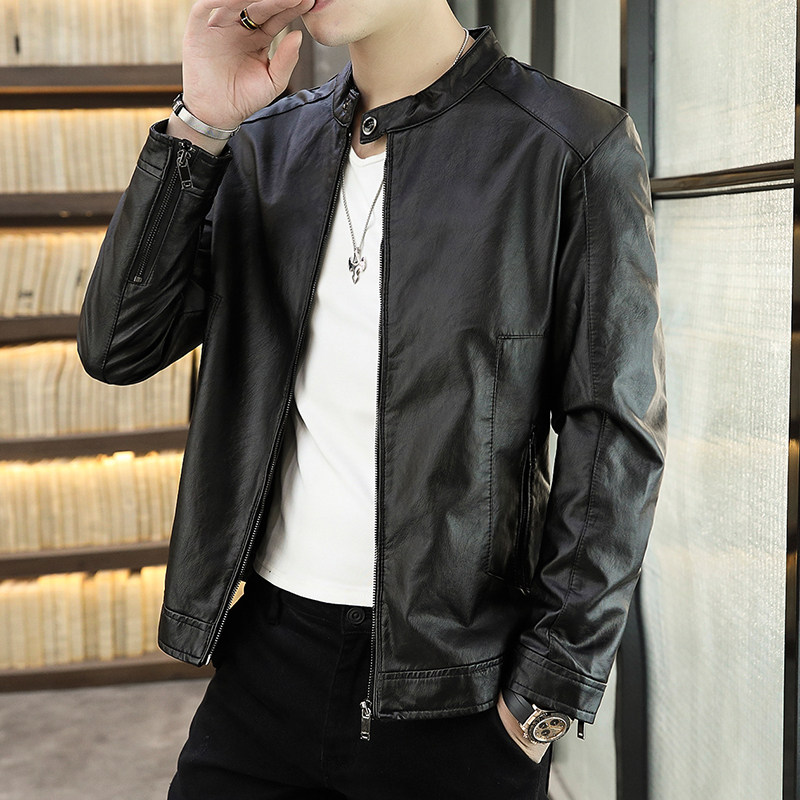 高端潮牌立领皮衣外套男秋冬季加绒加厚帅气机车服修身男士皮夹克