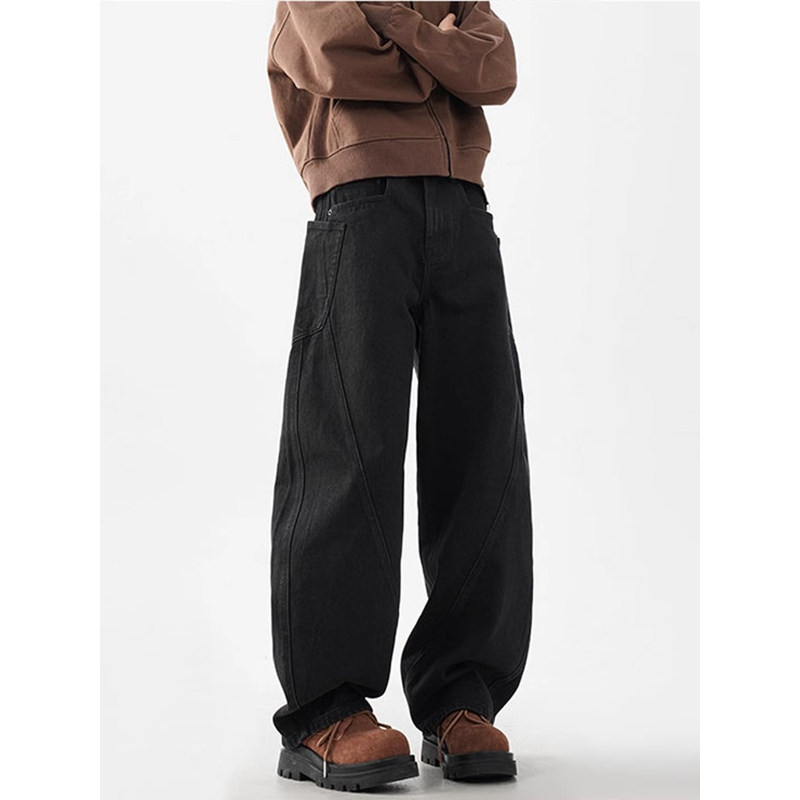 Aymelon美式复古弯刀牛仔裤男秋冬季休闲宽松加绒加厚阔腿裤子潮