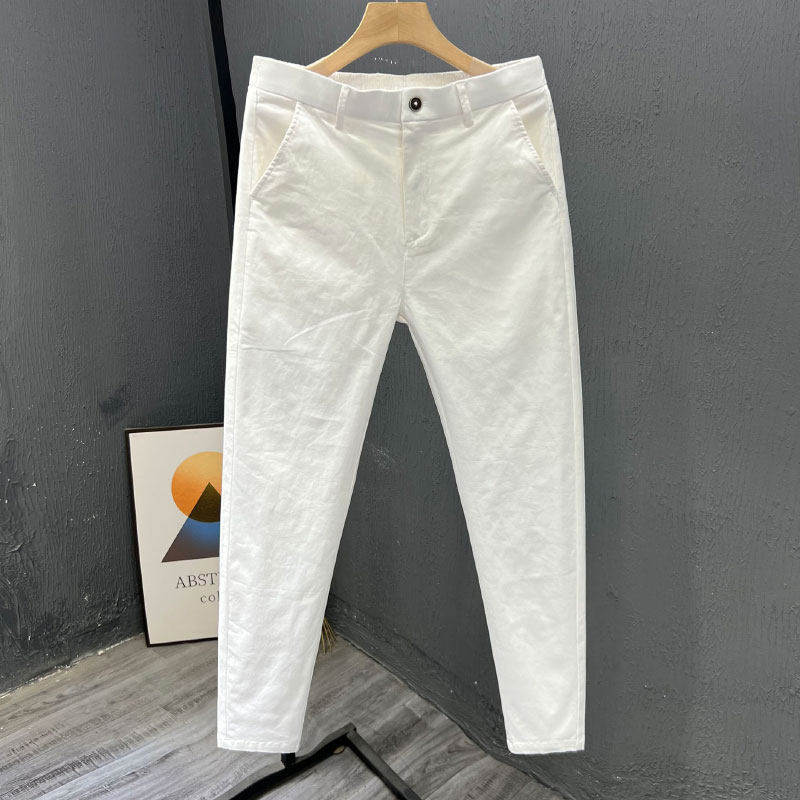 MUSONMU白色休闲裤男夏季薄款裤子直筒裤简约修身纯棉男士九分裤