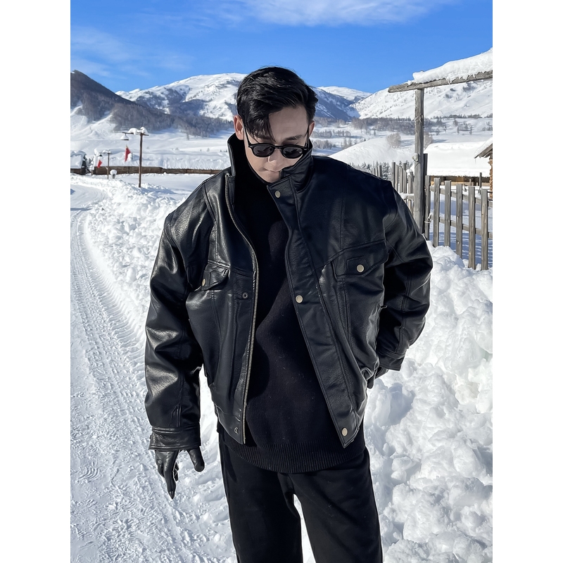 高端皮衣男春秋季薄款韩国ins潮帅气翻领宽松机车服真皮夹克外套