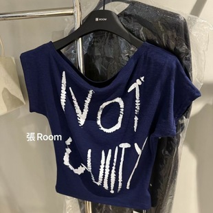 一字领斜肩修身上衣女短袖性格露肩字母印花T恤辣妹夏季短款小衫