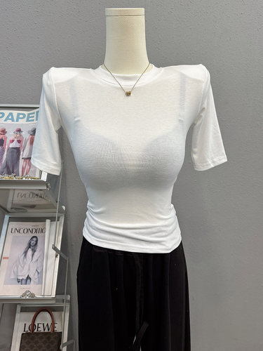 修身五分袖垫肩透视小圆领薄款