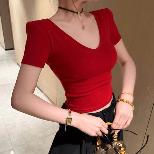 夏季纯欲V领短袖修身显瘦女T恤