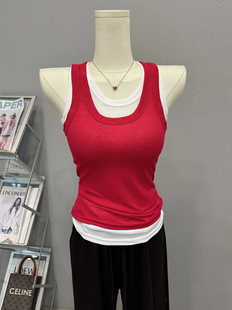 无袖 薄款 T恤修饰上衣 时尚 设计感拼接假两件套百搭撞色背心女夏季