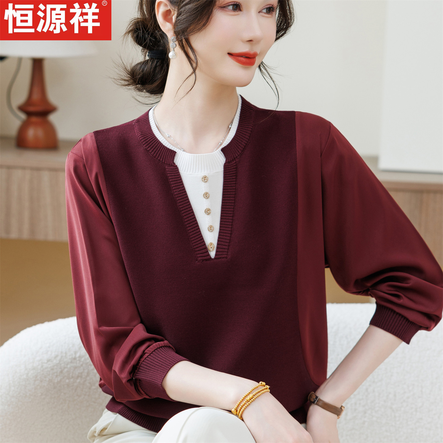 恒源祥妈妈春装打底衫洋气纱袖针织小衫薄款中老年女T恤时尚上衣,女装/女士精品,中老年女装,淘宝优惠券,粉丝福利购,淘宝优惠卷