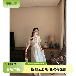 感v领蕾丝连衣裙女夏季 法式 气质甜美小个子白色收腰显瘦长裙