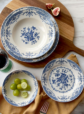 中古风釉下彩陶瓷餐具蓝色复古vintage法式早餐盘子麦片沙拉饭碗