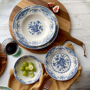 中古风釉下彩陶瓷餐具蓝色复古vintage法式早餐盘子麦片沙拉饭碗