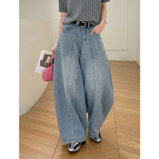 春季新款复古弯刀阔腿牛仔裤设计感高腰宽松裤不配腰带61700