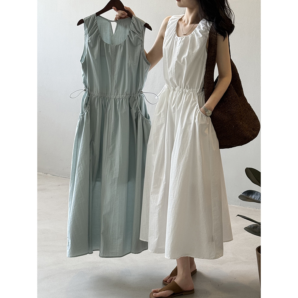 韩系气质抽绳收腰背心连衣裙女 夏季圆领显瘦无袖长裙82360