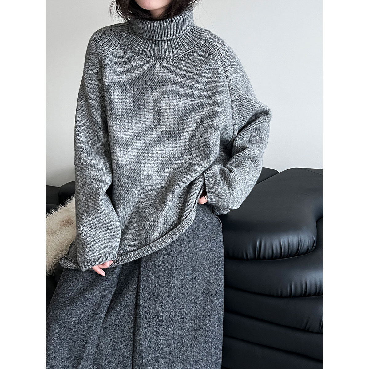 韩系高领不对称下摆毛衣女秋冬新款厚款慵懒风针织上衣ss924