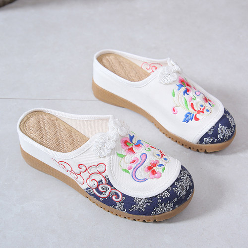 透气亚麻高跟拖鞋民族风绣花凉鞋