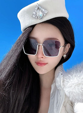 高级感女款米白半框防晒墨镜防紫外线方形圆脸显脸瘦韩个性太阳镜