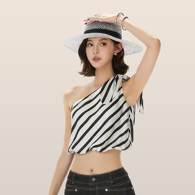 条纹斜肩瑜伽服背心上衣女夏季带胸垫系带宽松短款舞蹈运动健身服图片