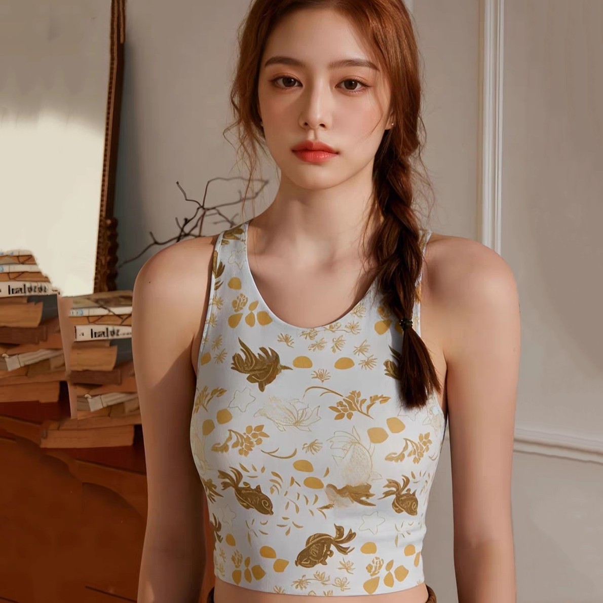 锦鲤瑜伽运动背心带胸垫短款女夏季印花美背普拉提训练健身服上衣