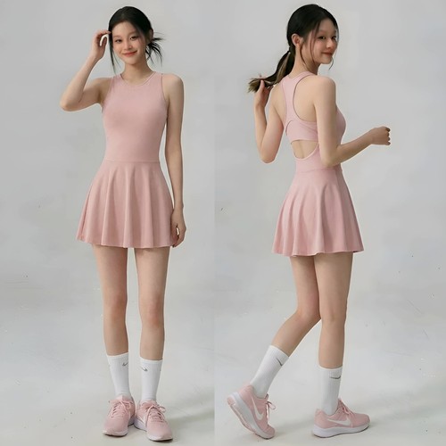 运动网球连衣裙女夏季带胸垫修身显瘦防走光露背透气羽毛球健身服