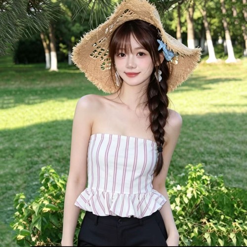 瑜伽抹胸背心女夏季条纹荷叶边无肩带性感纯欲运动健身舞蹈服上衣