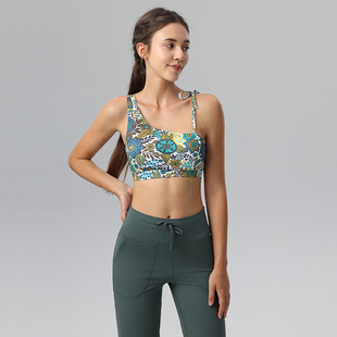 印花斜单肩瑜伽服上衣背心女夏季速干短款系带普拉提健身运动内衣