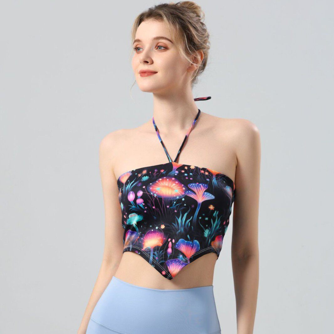 彩色印花瑜伽服背心上衣女夏季带胸垫挂脖系带运动健身内衣抹胸