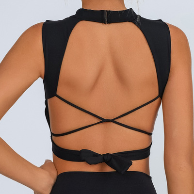 半高领瑜伽服背心上衣女夏季大露背性感绑带短款美背运动健身服