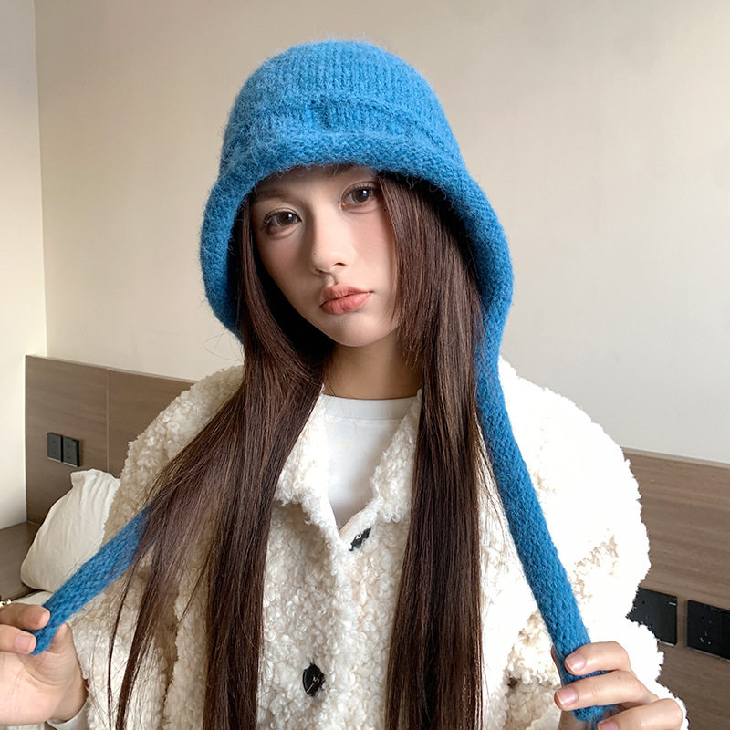 绑带针织女帽秋冬季大头围显脸小纯色毛线帽韩版保暖护耳包头帽子