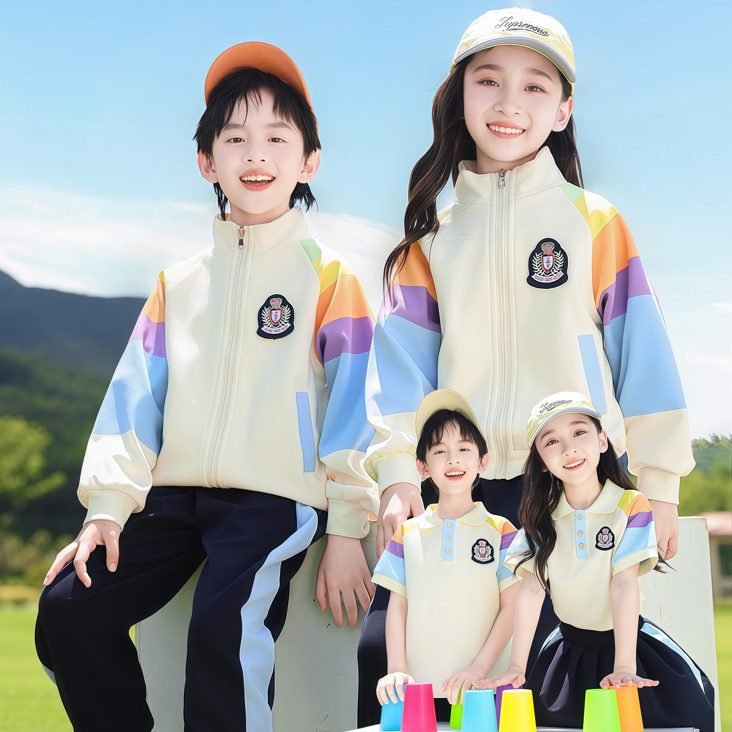 小学生春秋彩虹条纹校服运动套装图片
