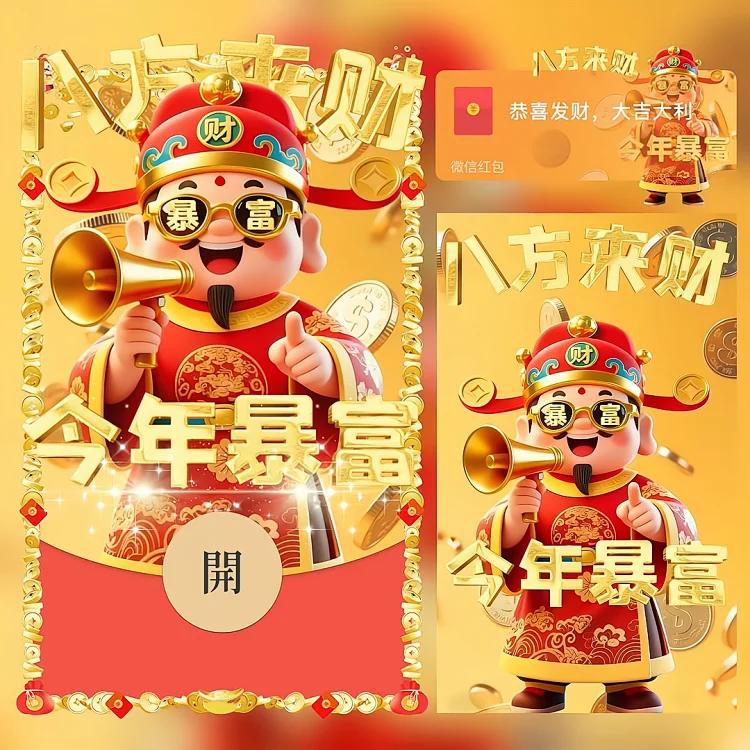 财神爷新年祝福卡通形象设计2026新年快乐马年微信红包封面动态