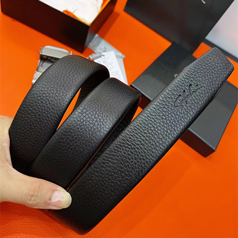 男士无头皮带自动扣沙荔枝纹头层牛皮带身无扣头黑色光面高档腰带