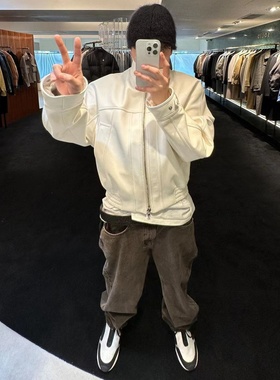 SolidHomme白色羊皮立领外套夹克双向拉链立体剪裁机能cleanfit风