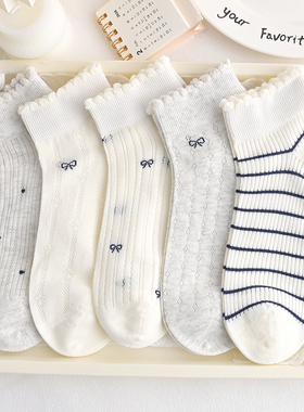 女短袜夏季薄款透气蝴蝶结纯棉袜子条纹白色船袜2026新款爆款