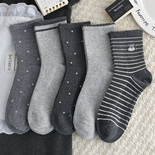 灰色袜子女中筒袜秋冬季厚款卡通可爱日系韩版棉袜学院风运动百搭