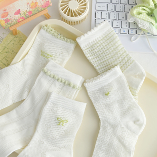 绿色棉袜透气吸汗百搭2026新款 可爱蝴蝶结网眼中筒袜女夏季 薄款