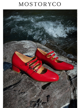 Mostoryco|淋釉软牛漆真皮大底法式方头粗跟复古玛丽珍鞋真皮单鞋