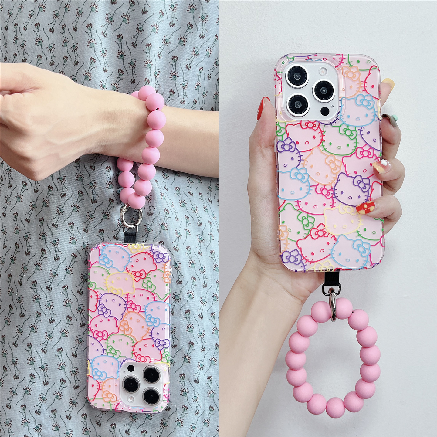 卡通少女粉满屏线条猫咪弹力手拎圆环适用iphone16promax手腕便携防丢14创意13高级感苹果15手机壳小众潮女款