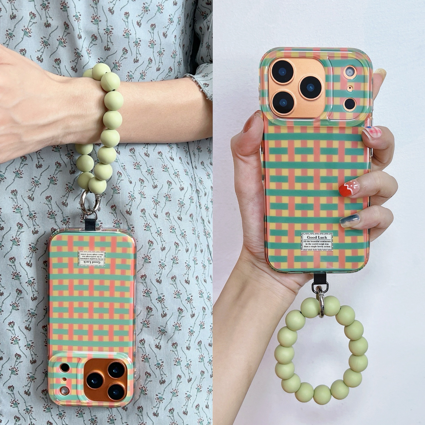 撞色编织纹弹力串珠圆环手机壳