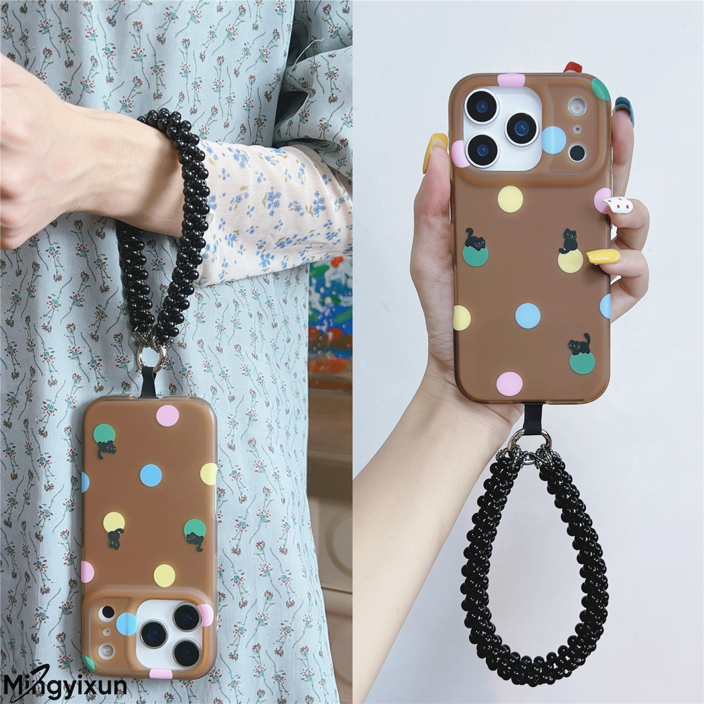 美拉德黑猫波点手腕防摔手机壳