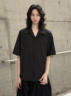 BLACKPOET 古巴领短袖衬衫男女同款黑色衬衣夏薄款