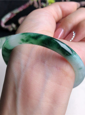 12月新品 天然翡翠51圈口冰糯种飘绿花圆条手镯女款正品3D41128