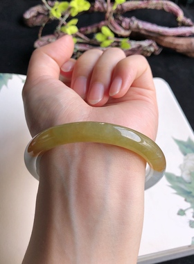 11月新品 天然翡翠55圈口冰糯种水润黄翡圆条手镯正品4Q71102