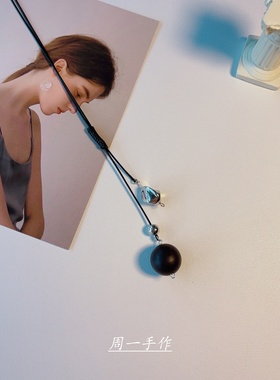 原创手作天然小叶紫檀圆球型双吊坠皮绳项链长款个性小众设计国风