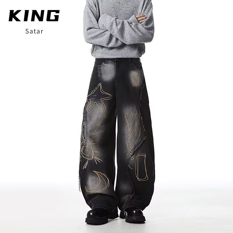 港风潮男夏季新款2024个性字母牛仔裤嘻哈ins潮高街潮流痞帅长裤,男装,牛仔裤,淘宝优惠券,粉丝福利购,淘宝优惠卷