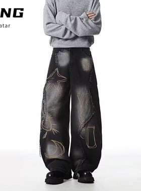 港风潮男夏季新款2024个性字母牛仔裤嘻哈ins潮高街潮流痞帅长裤