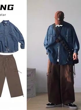 两件装/春秋季日系复古风格穿搭蓝色牛仔工装衬衫男长袖休闲套装