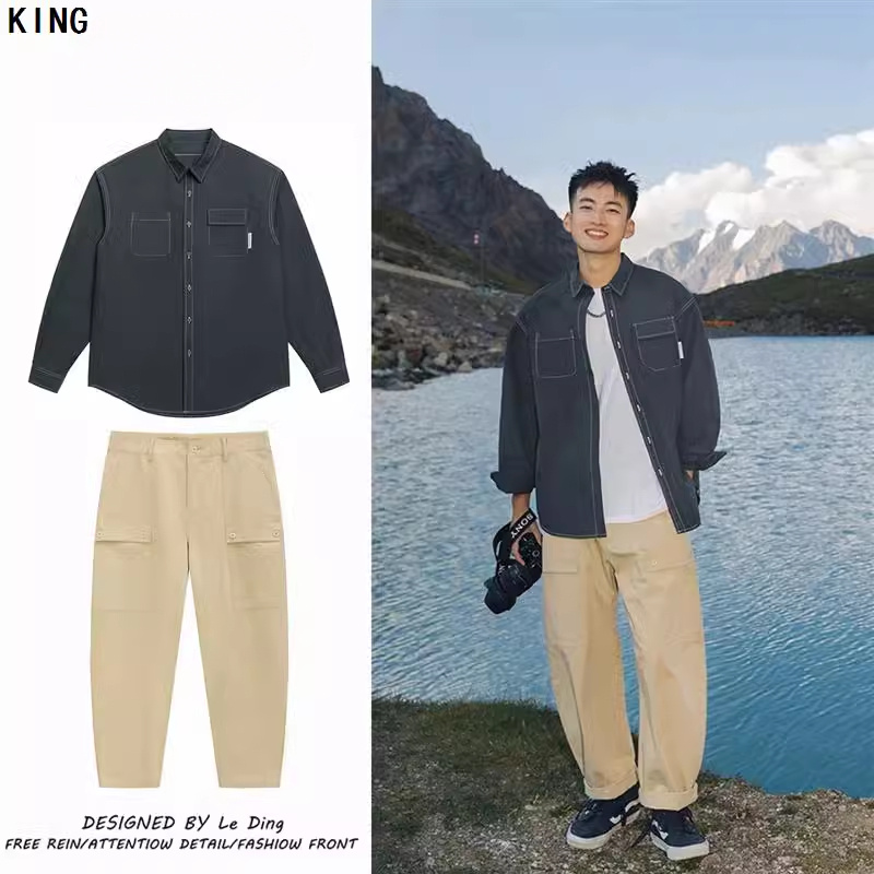 三件套 春季薄款衬衣套装明线肌理长袖衬衫外套百搭男休闲裤