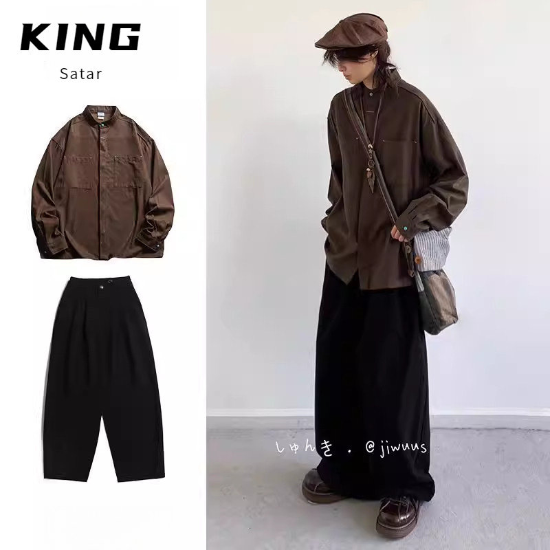 两件装/春秋日系中性古着立领长袖衬衫男生宽松纯色复古中性套装,男装,牛仔衬衫,淘宝优惠券,粉丝福利购,淘宝优惠卷